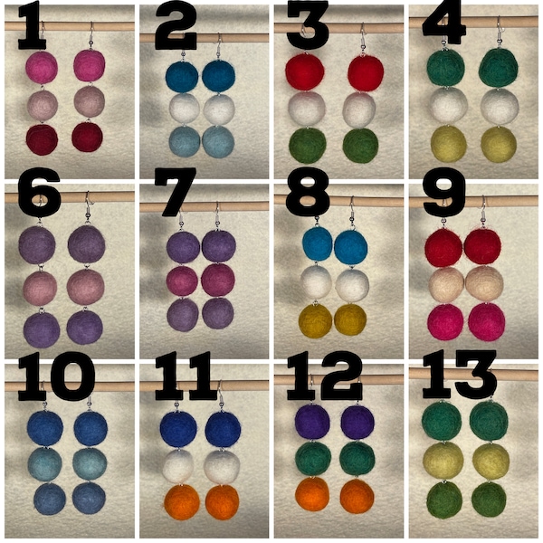 Triple Felt Ball Earring Assortment 12 different color options