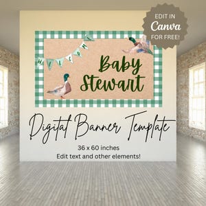 Plantilla de pancarta para baby shower de niño con estampado de patos, cuadros verdes, editable en Canva, imprimible, 36x60