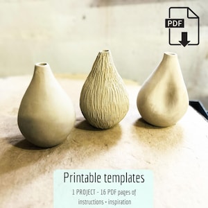 Könnte beinhalten: Drei beige tropfenförmige Vasen. Die mittlere Vase hat eine strukturierte, geriffelte Oberfläche. Die anderen beiden Vasen haben glatte Oberflächen. Das Bild enthält auch ein PDF-Symbol und den Text "Printable templates".
