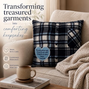 May include: A square throw cushion crafted from a black, white, and blue plaid button-down shirt. The cushion features a chest pocket and a light blue heart-shaped patch embroidered with the text: For every time you think of me i will always be in your heart Love Dad.