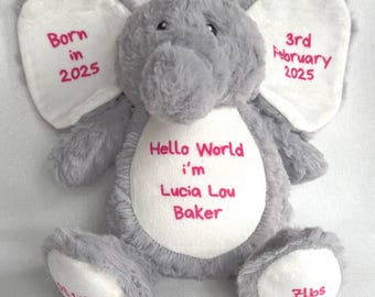 Personalised Elephant Plush with Birth Details | Baby Keepsake Teddy | Newborn Announcement Gift