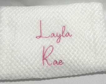 Personalised Baby Waffle Blanket, Custom Embroidered Name, Plush Keepsake