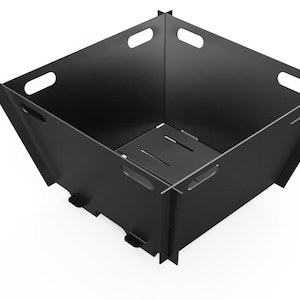 May include: Black metal fire pit with a square shape and four sides. The fire pit is made of metal and has a black finish.