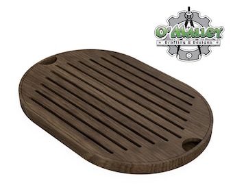 May include: A dark brown oval-shaped wooden cutting board with grooves for slicing bread. The board has two small handles on the sides.