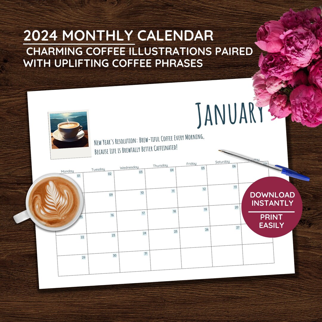 2024 Coffee Calendar Printable A4 A3 US Letter Sun & Mon Start