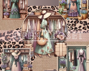 Open wardrobe illustration closet lavender ver. 2 | purple, bags 5png's hats with big black bows maniquen