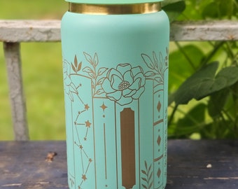 Vaso de acero inoxidable de 16 oz con lomos florales caprichosos en verde azulado y dorado
