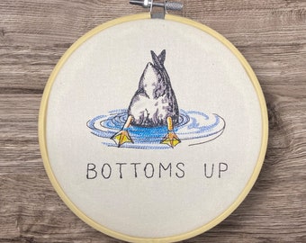 Embroidered Wall Decor, Bottoms Up Duck, 6 Inch Hoop Embroidery, Finished Embroidery, Cottage Wall Hangings, Animal Embroidered Hoop