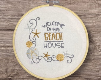 Embroidered Wall Decor, Beach House Decor, 6 Inch Hoop Embroidery, Finished Embroidery