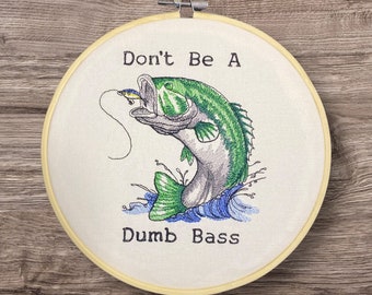 Embroidered Wall Decor, Dumb Bass Wall Hanging, Fishing Hoop, Gifts For Dad, 8 Inch Hoop Embroidery, Finished Embroidery