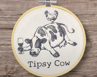 Embroidered Wall Decor, Tipsy Cow Hoop, Farm Animal Hoop, 6 Inch Hoop Embroidery, Finished Embroidery, Farmhouse Decor