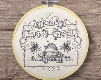 Embroidered Wall Decor, Honey Farm Fresh Hoop, Nature Hoop, 6 Inch Hoop Embroidery, Finished Embroidery, Bee Hoop