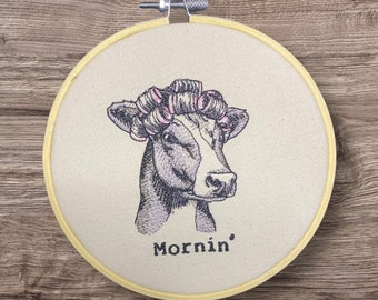 Embroidered Wall Decor, Mornin’ Cow, Funny Cow Hoop, 6 Inch Hoop Embroidery, Finished Embroidery