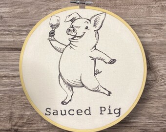 Embroidered Wall Decor, Funny Pig Wall Hanging, Farmhouse Decor, Sauced Pig Hoop, 8 Inch Hoop Embroidery, Finished Embroidery