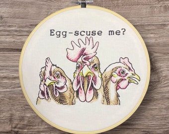 Embroidered Wall Decor, Chicken Wall Hanging, Farmhouse Decor, 8 Inch Hoop Embroidery, Finished Embroidery