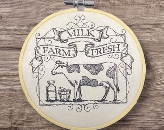 Embroidered Wall Decor, Farmhouse Decor, Milk Farm Fresh Hoop, 6 Inch Hoop Embroidery, Finished Embroidery