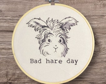 Embroidered Wall Decor, Bad Hare Day Hoop, Nature Hoop, 8 Inch Hoop Embroidery, Finished Embroidery