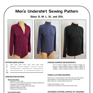 May include: A sewing pattern for a men's undershirt in sizes S, M, L, XL, and 2XL. The pattern includes instructions for constructing a division shirt, a grey undershirt, and a black undershirt. The pattern also includes a list of fabrics and trims required for each type of undershirt.