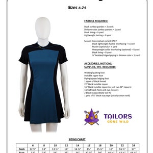 May include: A dressmaking pattern for a dress, labelled "Women's Skant Sewing Pattern," sizes 6-24. The dress on the mannequin is black and teal with a colour block design. The image includes a sizing chart and fabric requirements.