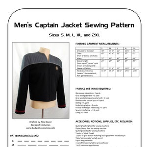 May include: A sewing pattern for a captain's jacket, suitable for men. The pattern includes instructions for sizes S, M, L, XL, and 2XL. The pattern also includes a list of fabrics and trims required, as well as accessories, notions, and supplies.