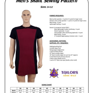 May include: A sewing pattern for a men's skant, a type of short skirt. The pattern includes instructions for sizes 34 to 52. The image shows a mannequin wearing a black and burgundy skant. The pattern includes a list of fabrics and supplies needed for the project.