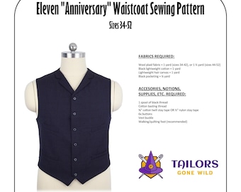 May include: A sewing pattern for an "Anniversary" waistcoat, with a size chart for sizes 34 to 52. The pattern includes instructions for fabric, notions, and supplies. The image shows a man's waistcoat in a dark blue color.