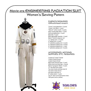 May include: A sewing pattern for a white radiation suit with black piping and a black collar. The pattern includes instructions for fabric, notions, and supplies. The pattern is for sizes 6 to 24. The pattern is titled "Movie-era Engineering Radiation Suit Women's Sewing Pattern".