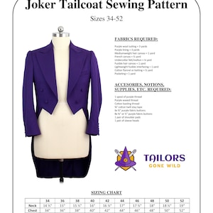 Peut inclure: Un patron de couture pour un tailcoat violet, avec des instructions pour les tissus, les fournitures et les accessoires. Le patron comprend un tableau des tailles pour le cou, la poitrine, la taille et les hanches, allant de 34 à 52 pouces.