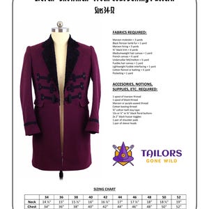 May include: A sewing pattern for an Eleven "Snowmen" Frock Coat. The pattern includes instructions for sizes 34 to 52. The image shows a maroon frock coat with black trim and a size chart.