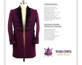 May include: A sewing pattern for an Eleven "Snowmen" Frock Coat. The pattern includes instructions for sizes 34 to 52. The image shows a maroon frock coat with black trim and a size chart.