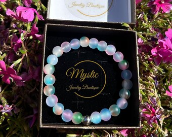 Rainbow Aurora Elegant Frosted Glass Bead Crystal Matte Bracelet Gift Aura Moonstone Holographic Luminous Glowing bead Florescent Gift
