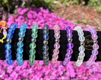 Mermaid Aurora Glass Beaded Bracelet 8 mm Rainbow Crystal Matte Quartz Gift Moonstone Iridescent Holographic glowing Premium Grade Stretch