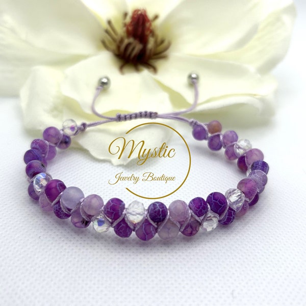 Natural Purple Frost Cracked Dragon Veins Natural Stone 6 mm Agates with Crystal Beads Matte Shamballa Bracelet with Slide lock Gift for Her