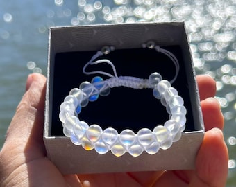 Mermaid White Rainbow Glass Matte Quartz Bead Shamballa Bracelet Aurora Iridescent Holographic glowing Shimmering Moonstone Aura Fluorescent