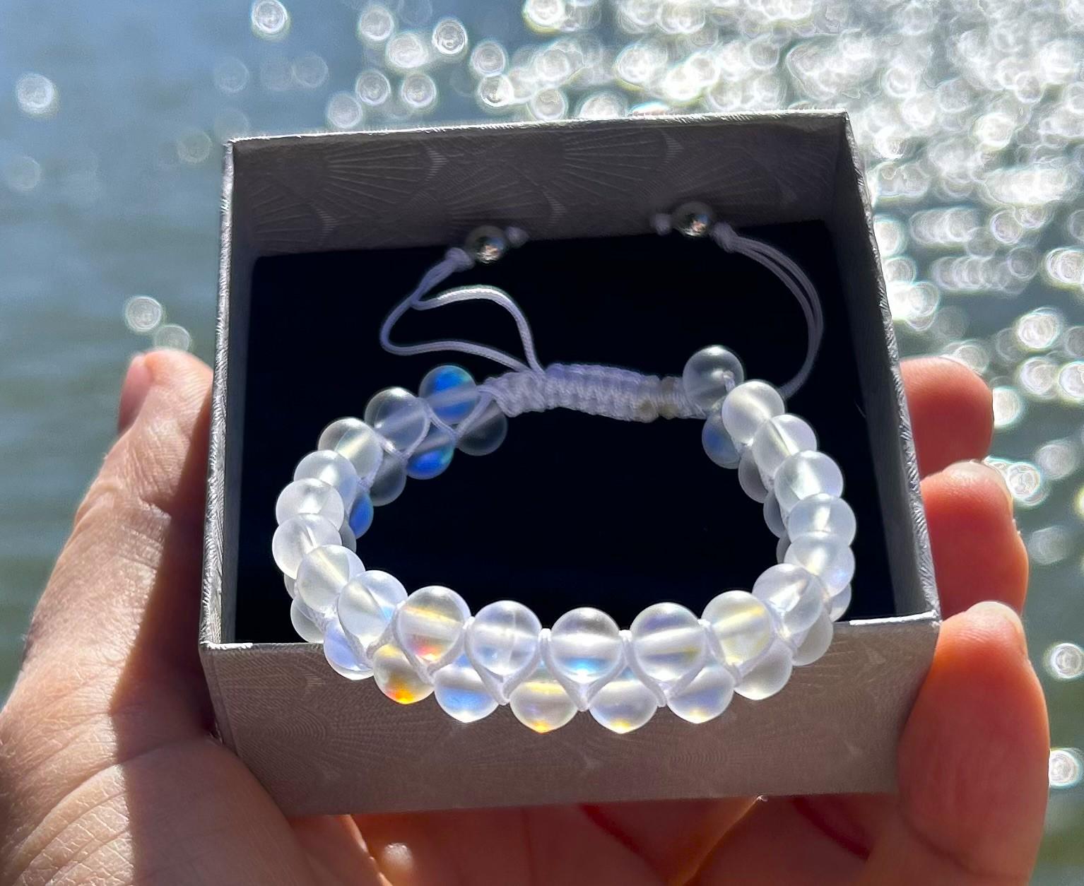 Mermaid White Rainbow Glass Matte Quartz Bead Shamballa Bracelet Aurora Iridescent Holographic glowing Shimmering Moonstone Aura Fluorescent