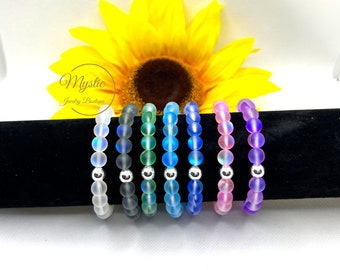 Mystic Mermaid Aurora Matte Glass Beaded Bracelet Rainbow Gift Aura Moonstone Iridescent Holographic glowing Premium Grade Stretch