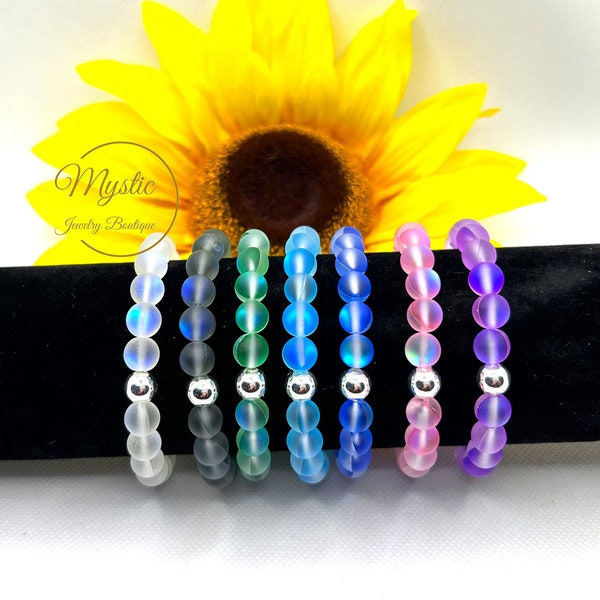 Mermaid Aurora Glass Beaded Rainbow Crystal Matte Quartz Bracelet Gift Aura Moonstone Iridescent Holographic glowing Premium Grade Stretch