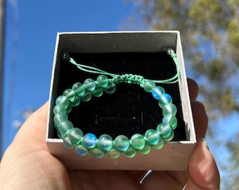 Mermaid Green Glass Matte Quartz Beaded Shamballa Bracelet Aurora Iridescent Holographic glowing Shimmering Moonstone Aura Gift for her