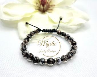 Black Firefly Glow in the Dark Lampwork Glass Bead Bracelet with Crystal Beaded Healing Crystal Florescent Luminous Glass Bead Bracelet Gift