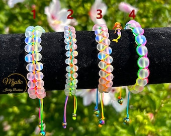 Mermaid Glass Matte Quartz Bead Shamballa Bracelet Rainbow Round Moonstone Cord Aurora Iridescent Holographic Shimmering Florescent Gift