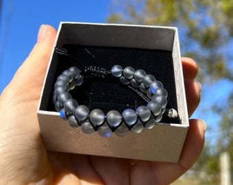 Mermaid Black Glass Matte Quartz Beaded Shamballa Bracelet Aurora Iridescent Holographic glowing Shimmering Moonstone Aura Florescent Gift
