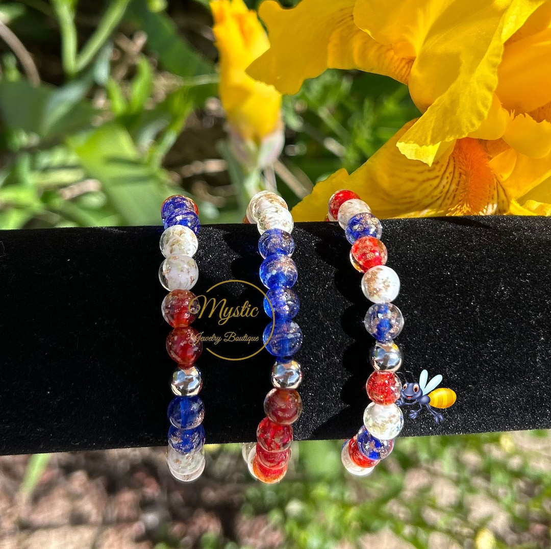 Glow in Dark Glass Bead Bracelet: Patriotic Firefly Jewelry