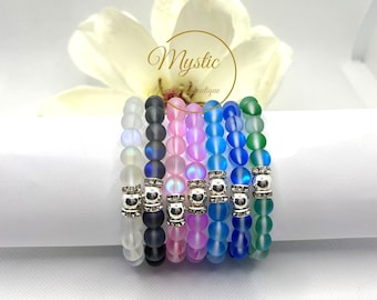 Mystic Mermaid  Glass Bead Rainbow Crystal Matte Quartz Bracelet & Rhinestone Iridescent Holographic glowing Premium Grade Stretch Bracelet