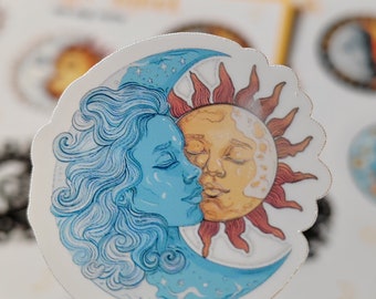 Feuille d'autocollants soleil et lune 4 x 6 - Stickers vinyles équilibre cosmique, art céleste pour journaux, agendas et amateurs d'astrologie