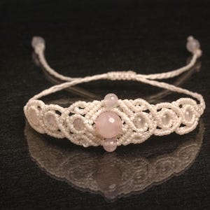 Handmade macrame bracelet with crystal beads, rose quartz, white cord 1 mm