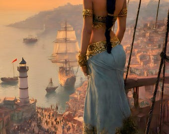 Golden Hour Dancer Art: Mystic Port City, Vertical Print (Digital Download)