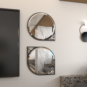Modern Curved Asymmetrical Bathroom Vanity Mirror Set, Unique Living Room Decor, Chic Round Irregular Wall Mirror with Aesthetic Long Accent