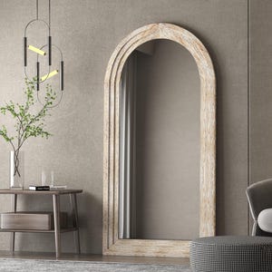 Floor Mirror Handmade Mirror Solid Wood Mirror Whitewash Mirror Arch Mirror – Minimal Arched Full Length Leaner or Wall Mirror, Home Decor