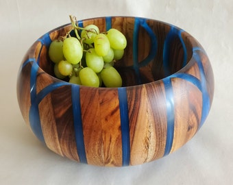 Wood and Epoxy Turned Bowl, Acacia Wood with Sapphire Blue Pearl Ex colored Epoxy Resin, Hand Crafted