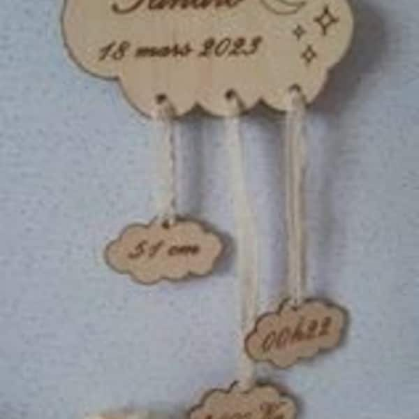 nuage naissance personnalisé - prénom en bois -cadeau naissance - suspension naissance - déco chambre bébé - bébé - nouveau né -